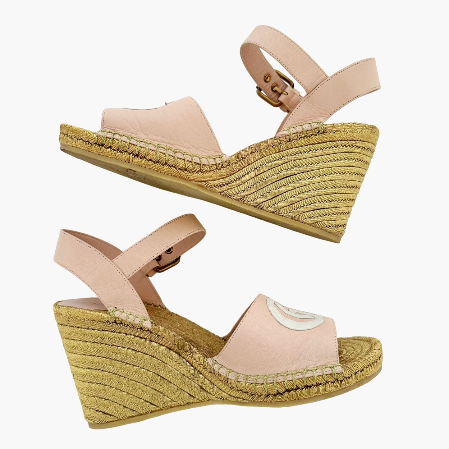 Gucci Flor GG Espadrille Wedge Sandals in Pink & Gold Leather Size 39