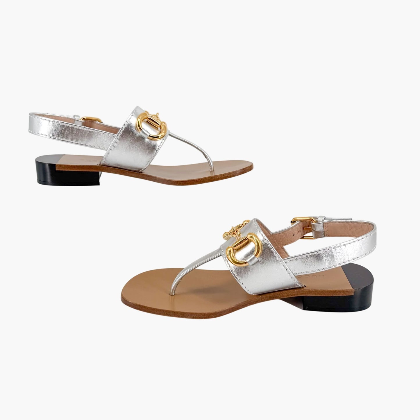 Gucci Baby Horsebit T Strap Sandals in Silver Leather Size 37