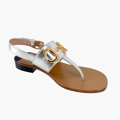 Gucci Baby Horsebit T Strap Sandals in Silver Leather Size 37