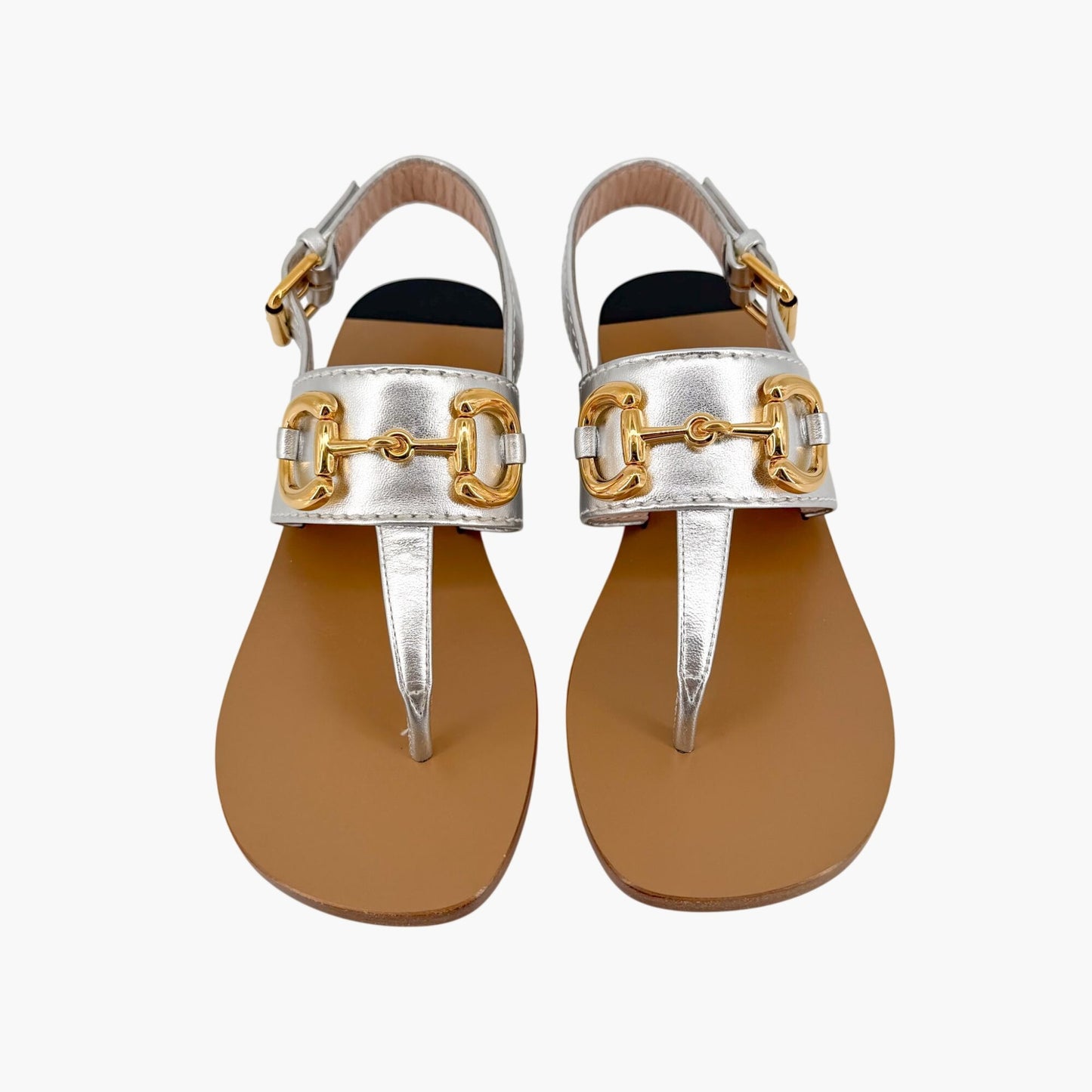 Gucci Baby Horsebit T Strap Sandals in Silver Leather Size 37