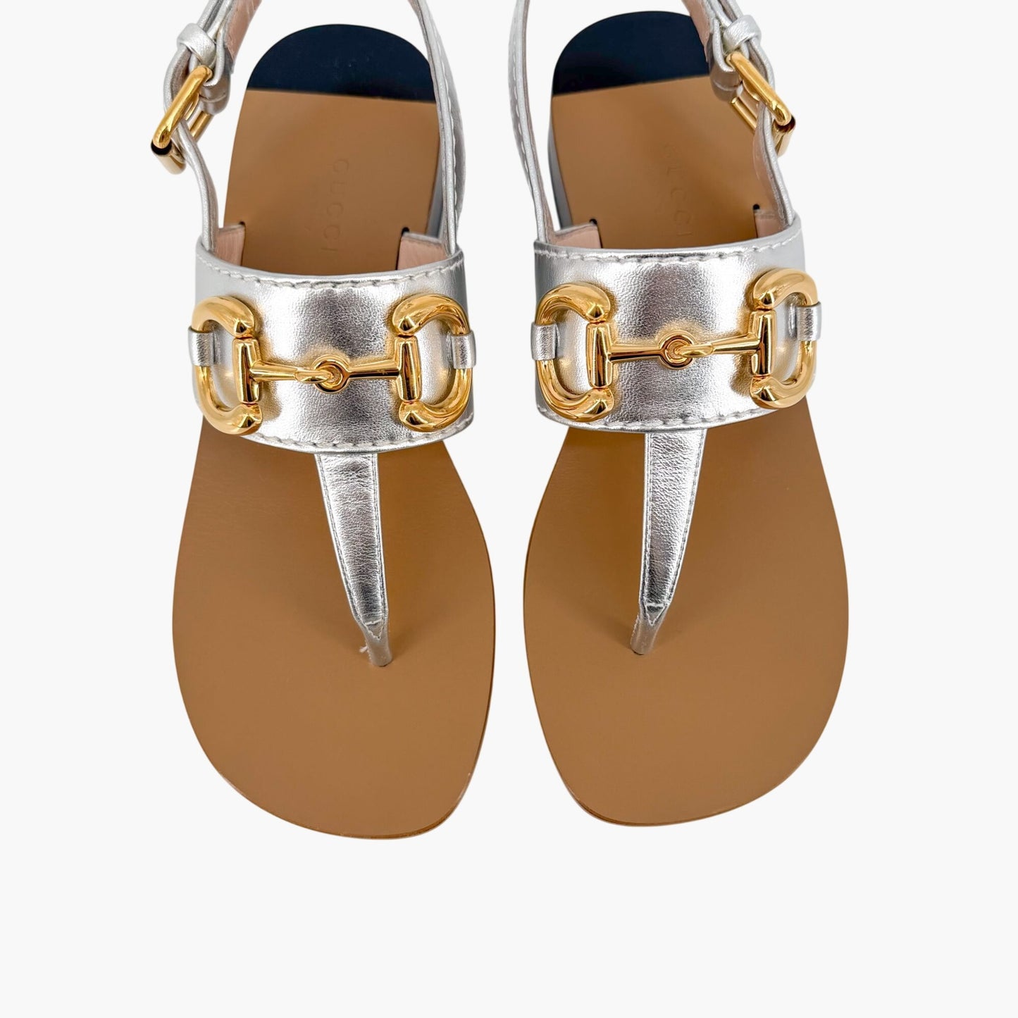 Gucci Baby Horsebit T Strap Sandals in Silver Leather Size 37