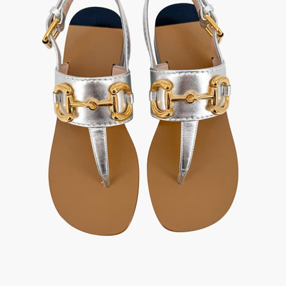 Gucci Baby Horsebit T Strap Sandals in Silver Leather Size 37