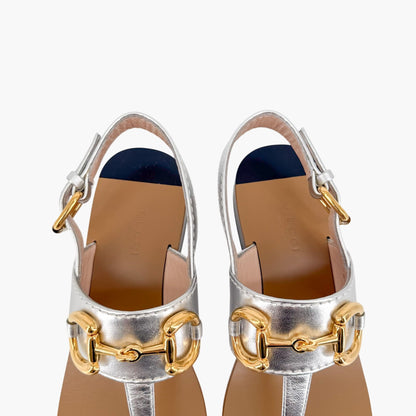 Gucci Baby Horsebit T Strap Sandals in Silver Leather Size 37