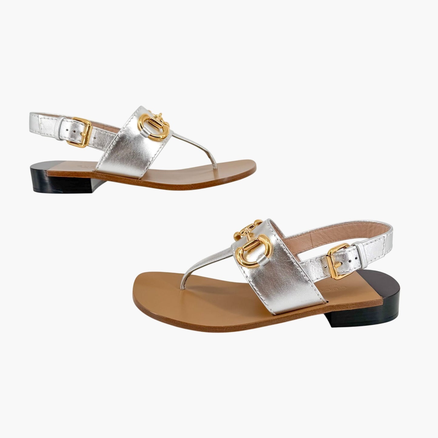 Gucci Baby Horsebit T Strap Sandals in Silver Leather Size 37