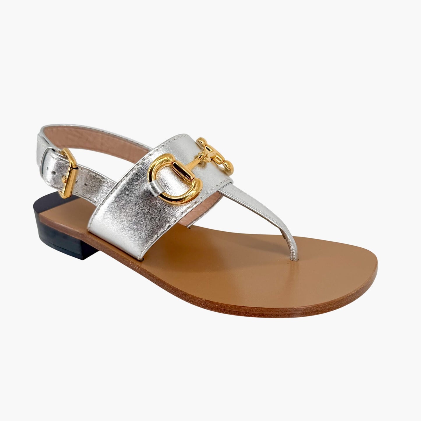 Gucci Baby Horsebit T Strap Sandals in Silver Leather Size 37