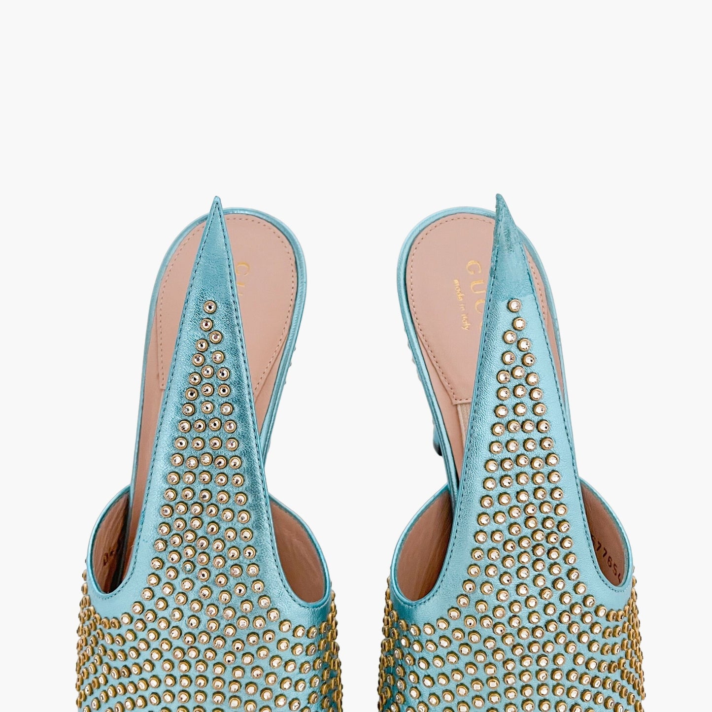 Gucci Fedra Crystal-Embellished Mules in Cielo (Metallic Blue) Size 37