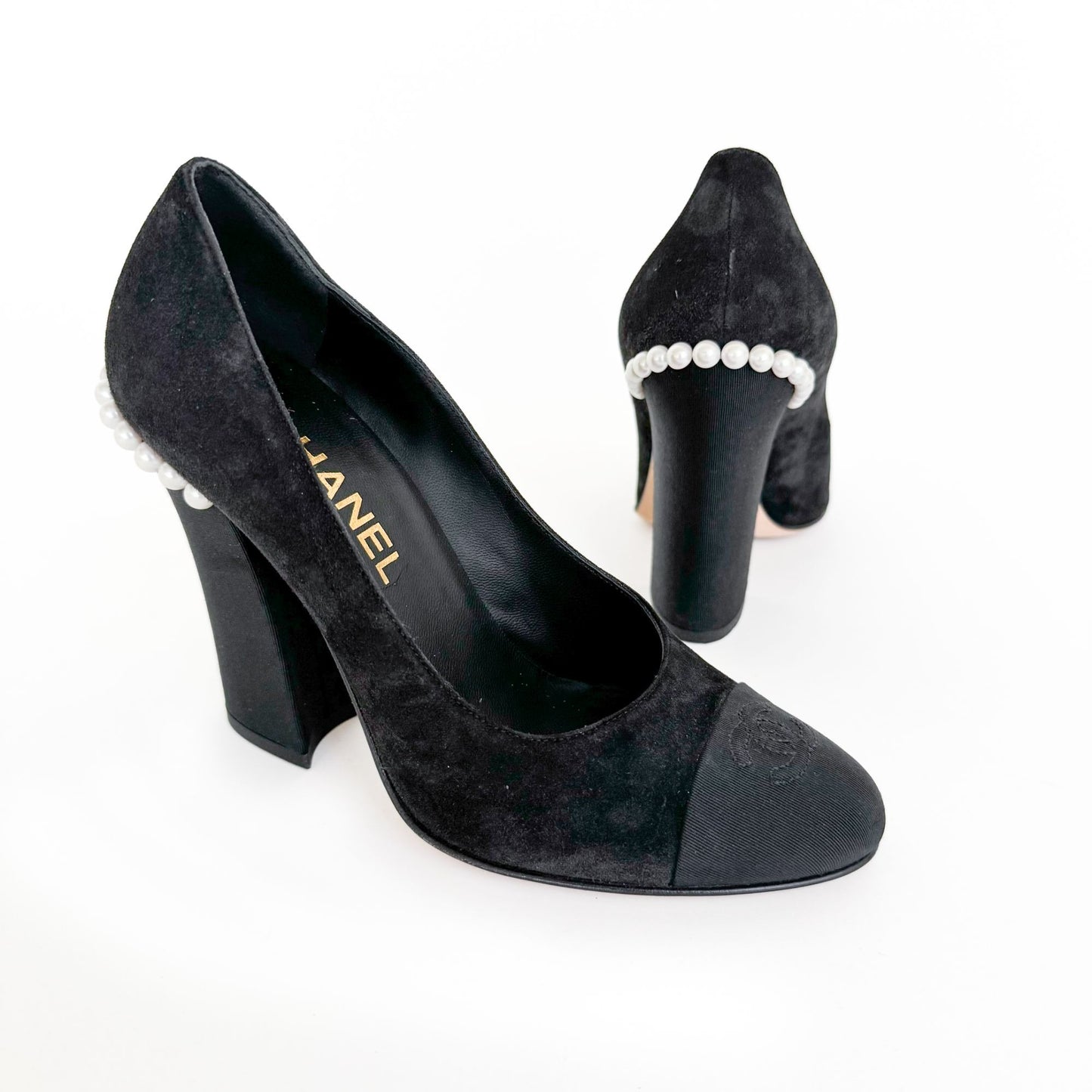 Chanel CC Cap Toe Pearl Block Heel Pumps in Black Suede Size 37.5