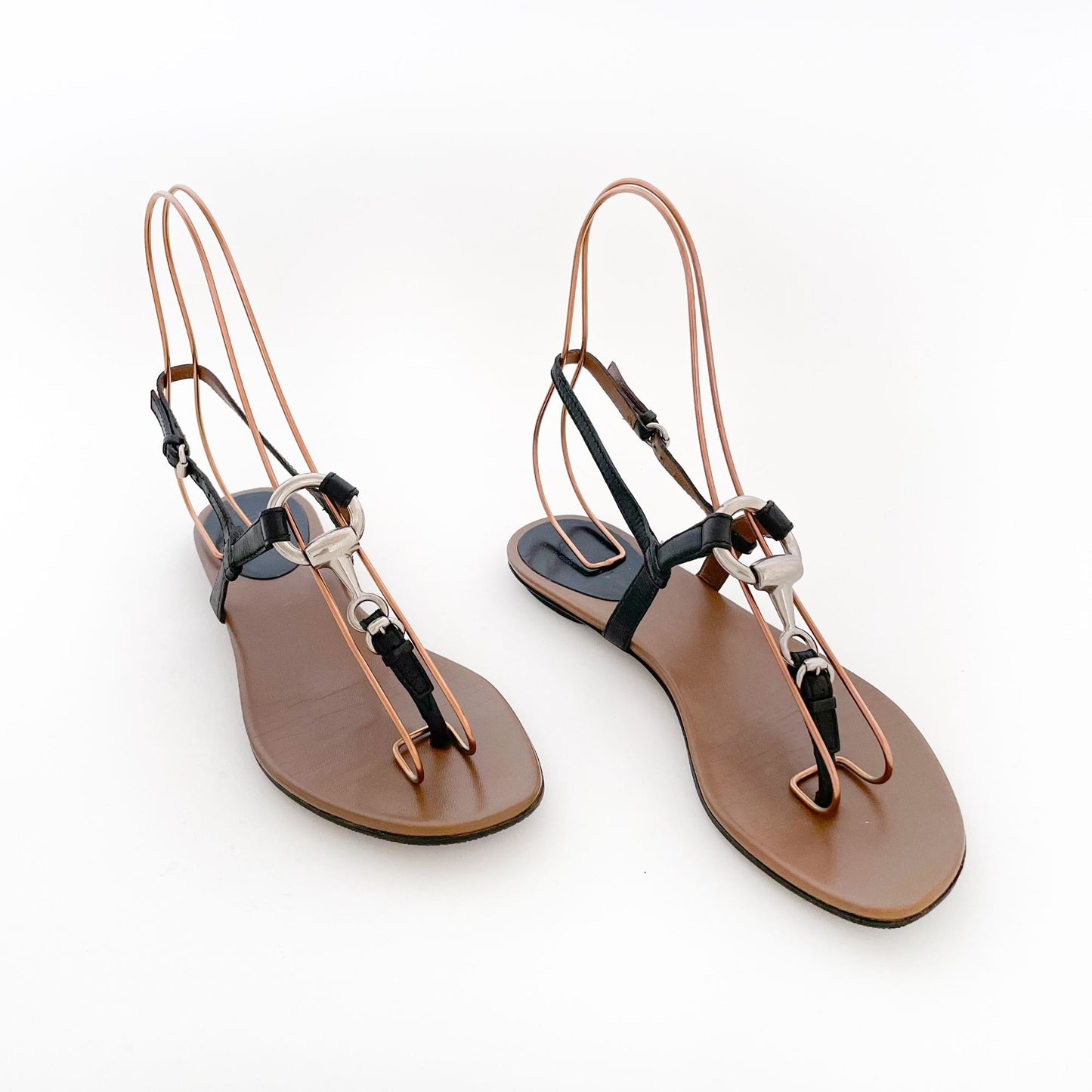 Gucci Horsebit T-Strap Sandals in Black/Brown Size 36