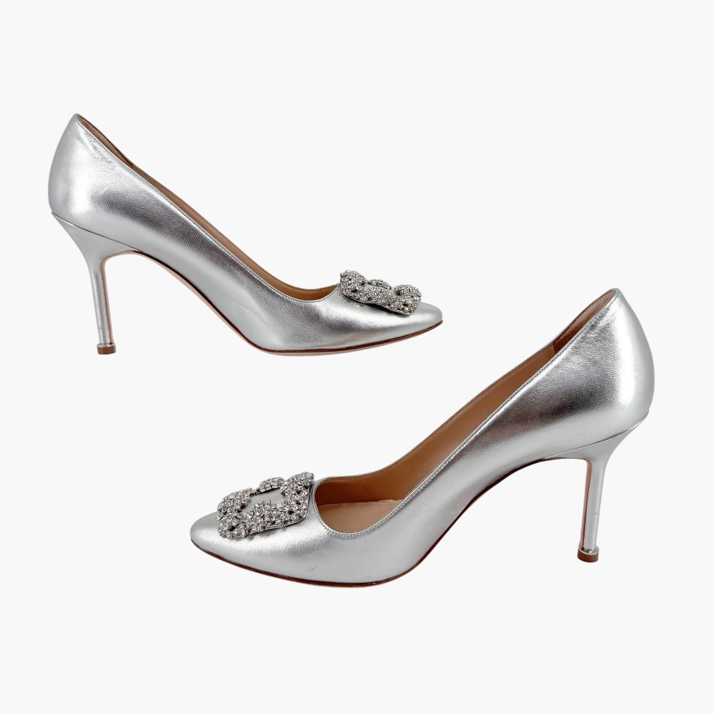 Manolo Blahnik Hangisi 90mm Jewel Buckle Pumps in Silver Leather – Size 39
