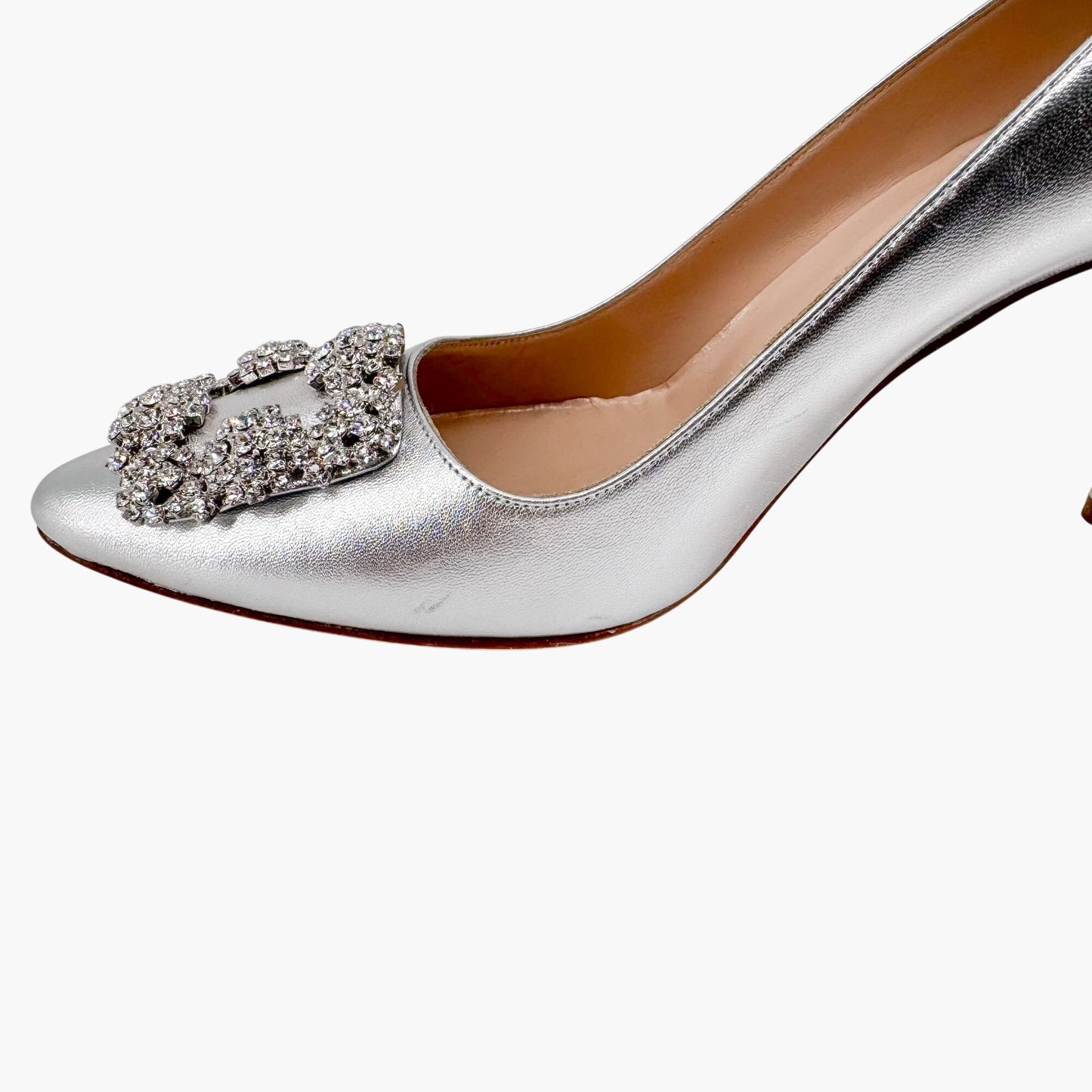 Manolo Blahnik Hangisi 90mm Jewel Buckle Pumps in Silver Leather – Size 39