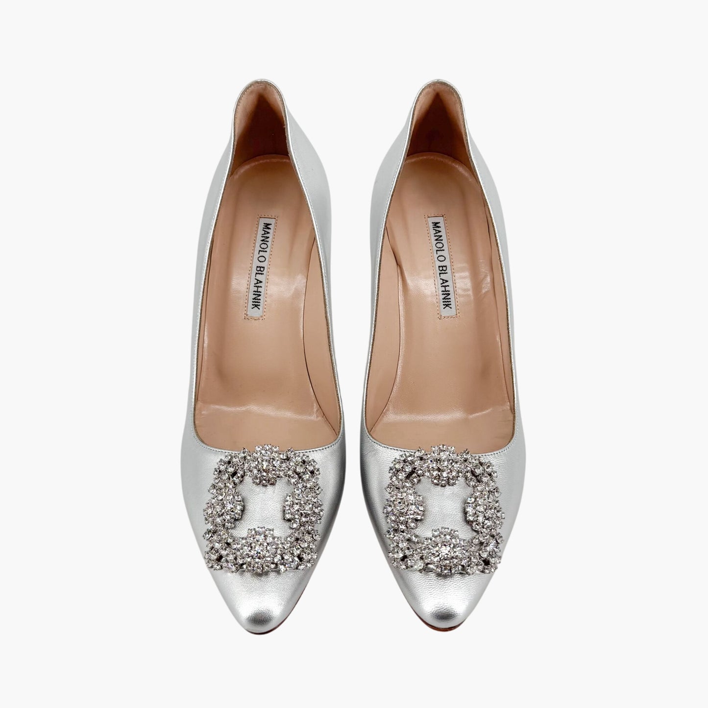 Manolo Blahnik Hangisi 90mm Jewel Buckle Pumps in Silver Leather – Size 39
