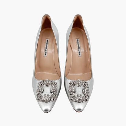 Manolo Blahnik Hangisi 90mm Jewel Buckle Pumps in Silver Leather – Size 39