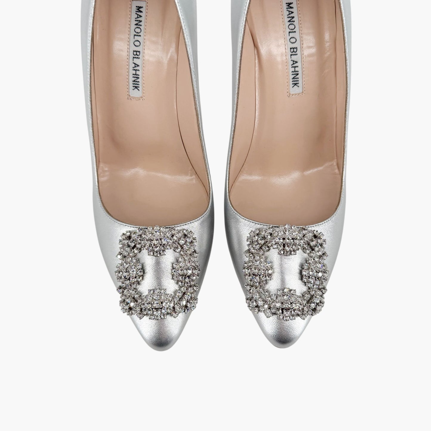 Manolo Blahnik Hangisi 90mm Jewel Buckle Pumps in Silver Leather – Size 39