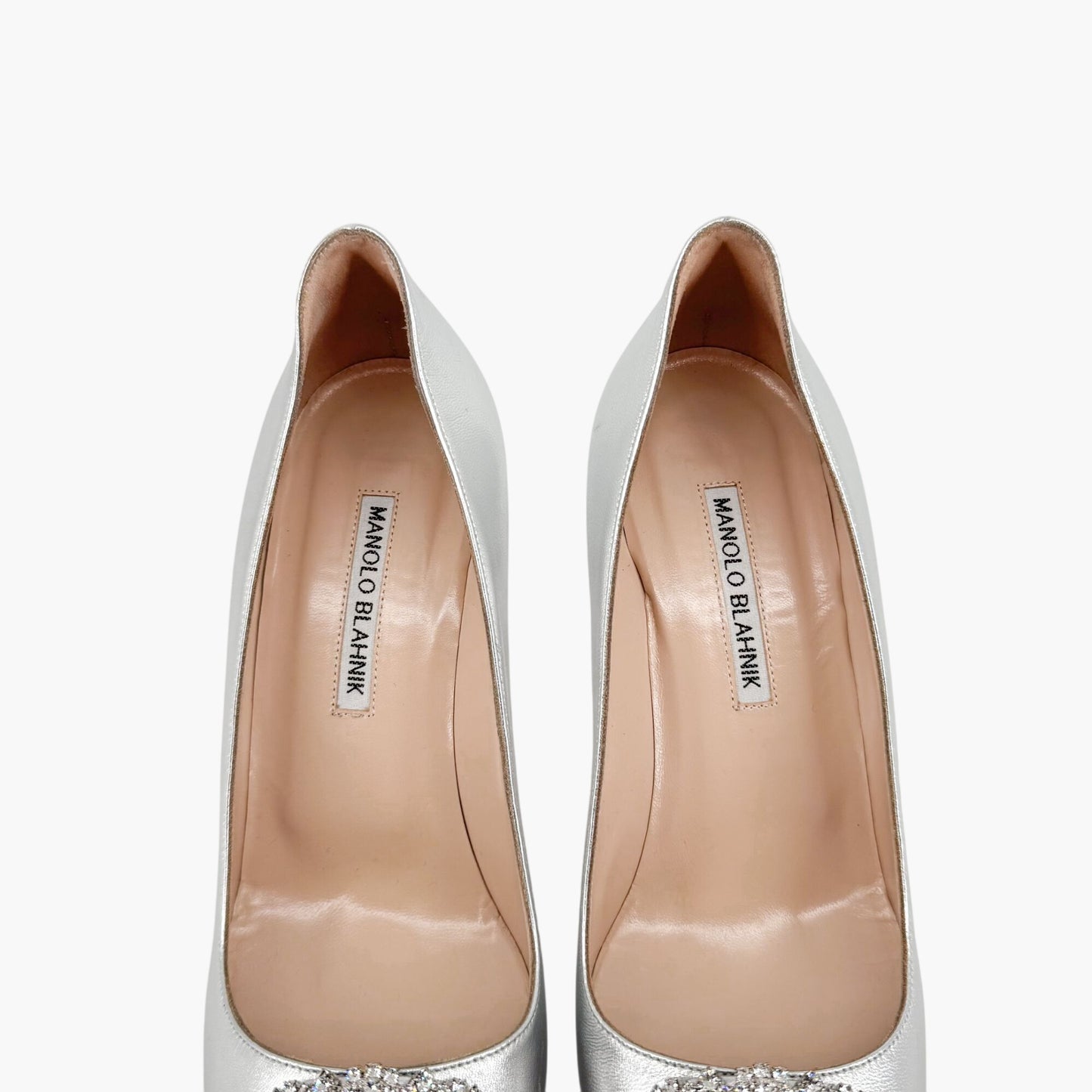 Manolo Blahnik Hangisi 90mm Jewel Buckle Pumps in Silver Leather – Size 39