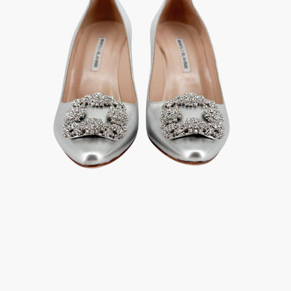 Manolo Blahnik Hangisi 90mm Jewel Buckle Pumps in Silver Leather – Size 39