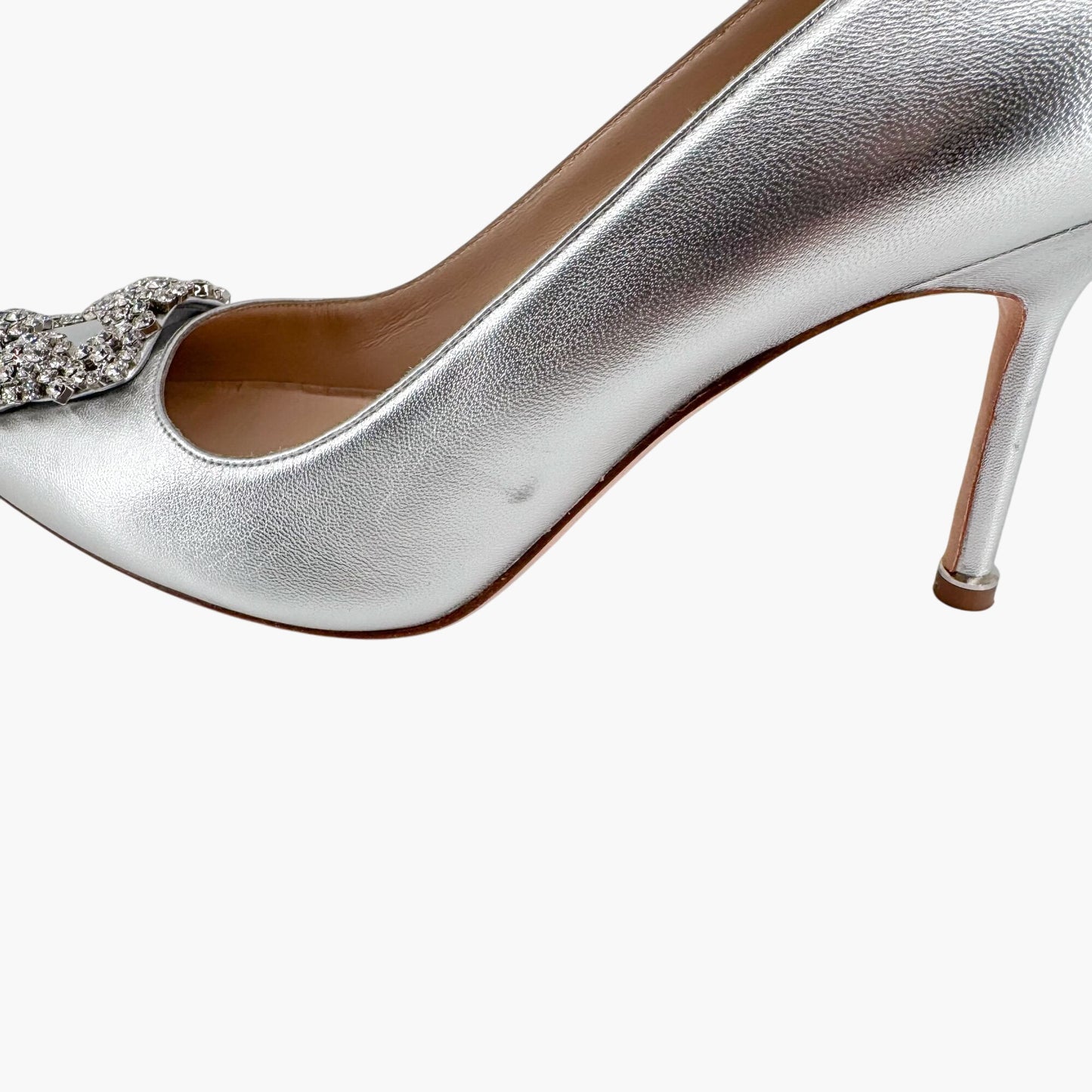 Manolo Blahnik Hangisi 90mm Jewel Buckle Pumps in Silver Leather – Size 39