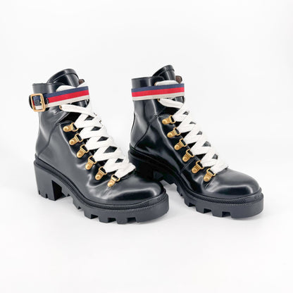 Gucci Sylvie Trip Combat Boots Black Leather Web Strap – Size 36.5