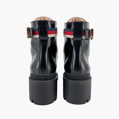 Gucci Sylvie Trip Combat Boots Black Leather Web Strap – Size 36.5