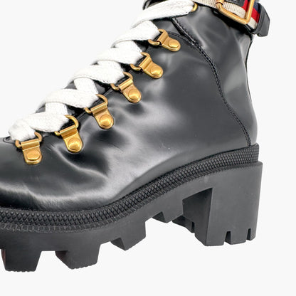 Gucci Sylvie Trip Combat Boots Black Leather Web Strap – Size 36.5