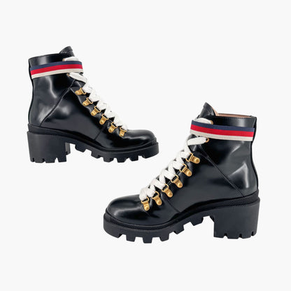 Gucci Sylvie Trip Combat Boots Black Leather Web Strap – Size 36.5