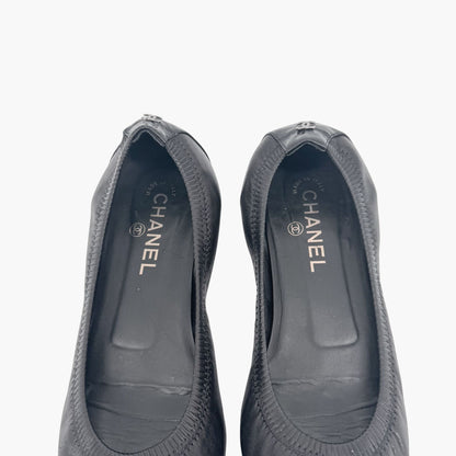 Chanel Elastic Cap Toe Pointed Ballet Flats in Black Leather Size 39