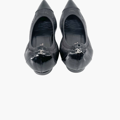 Chanel Elastic Cap Toe Pointed Ballet Flats in Black Leather Size 39