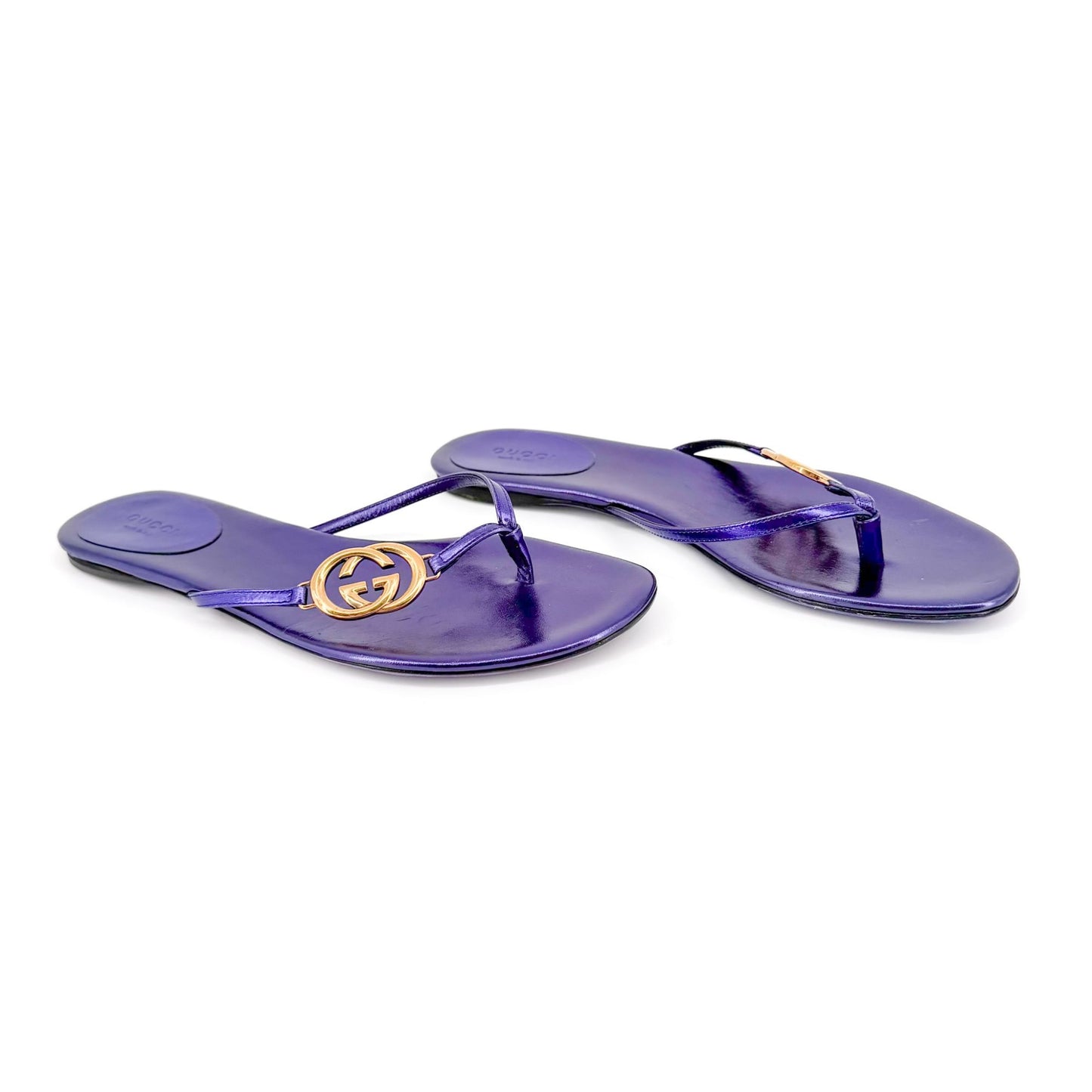 Gucci Interlocking GG Thong Sandals in Metallic Purple Leather Size 37.5