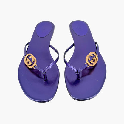 Gucci Interlocking GG Thong Sandals in Metallic Purple Leather Size 37.5
