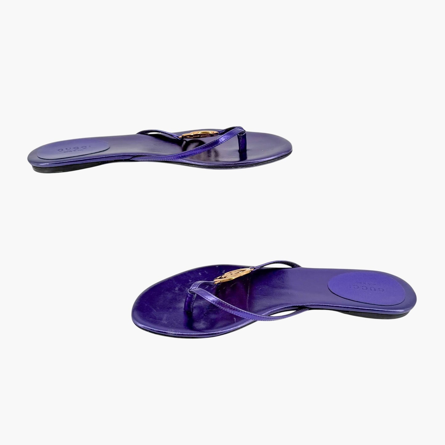 Gucci Interlocking GG Thong Sandals in Metallic Purple Leather Size 37.5