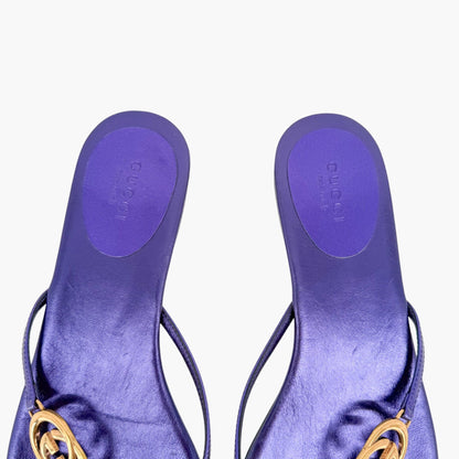 Gucci Interlocking GG Thong Sandals in Metallic Purple Leather Size 37.5
