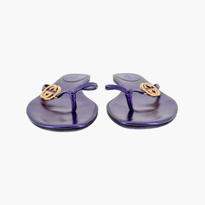 Gucci Interlocking GG Thong Sandals in Metallic Purple Leather Size 37.5