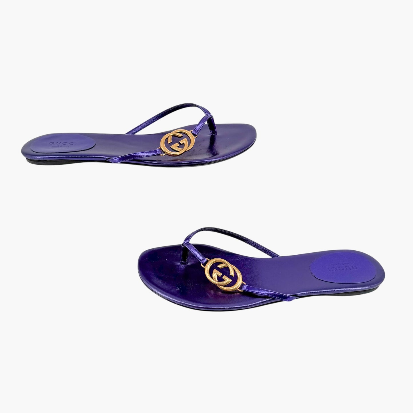 Gucci Interlocking GG Thong Sandals in Metallic Purple Leather Size 37.5
