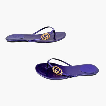 Gucci Interlocking GG Thong Sandals in Metallic Purple Leather Size 37.5