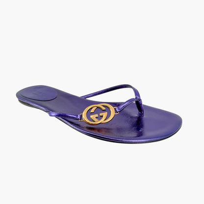 Gucci Interlocking GG Thong Sandals in Metallic Purple Leather Size 37.5