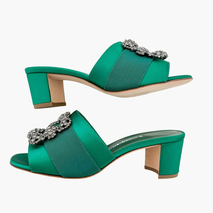 Manolo Blahnik Martanew Jewel Buckle Mules in Green Satin Size 38.5