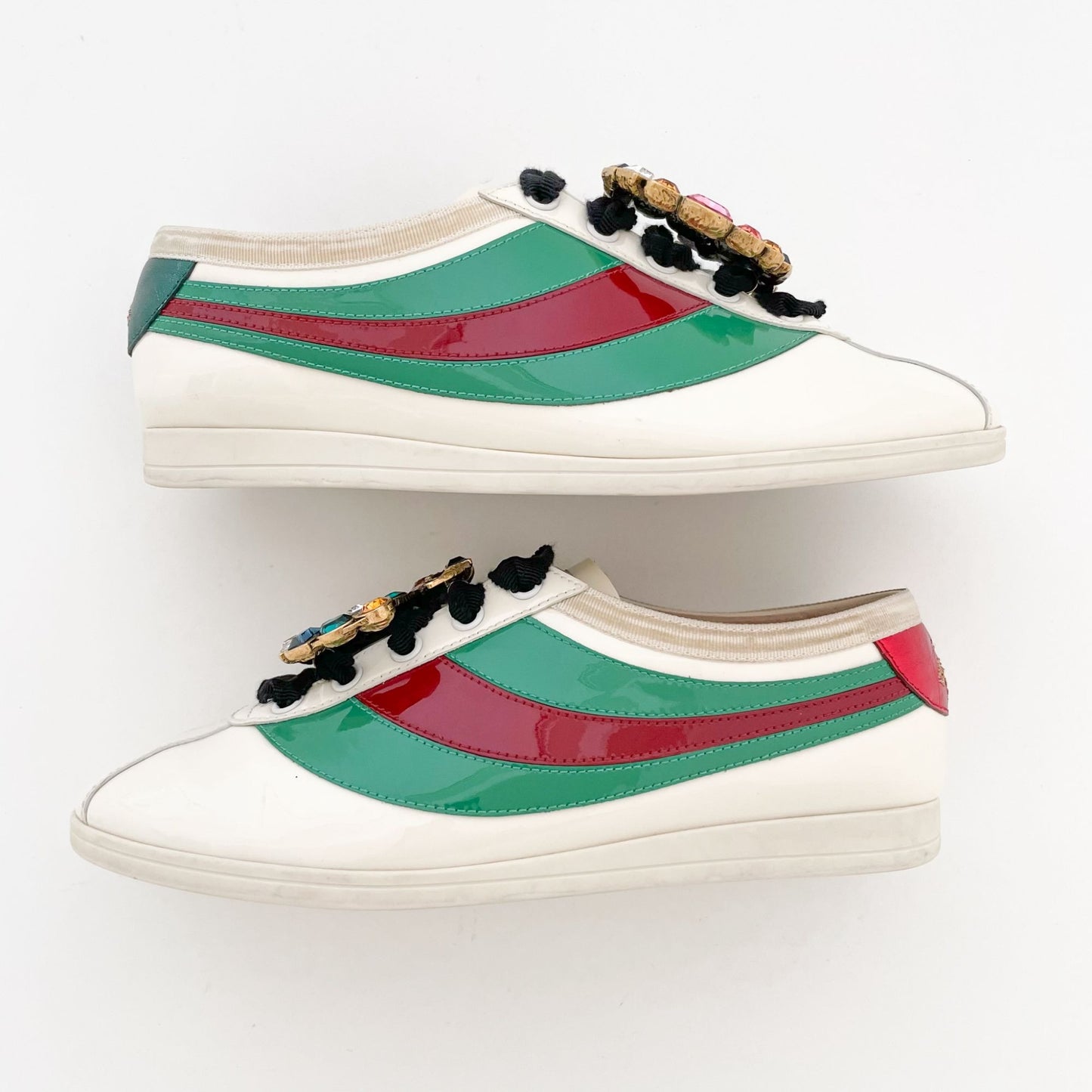Gucci Falacer GG Vernice Crystal Sneakers in Cream Patent Leather Size 36
