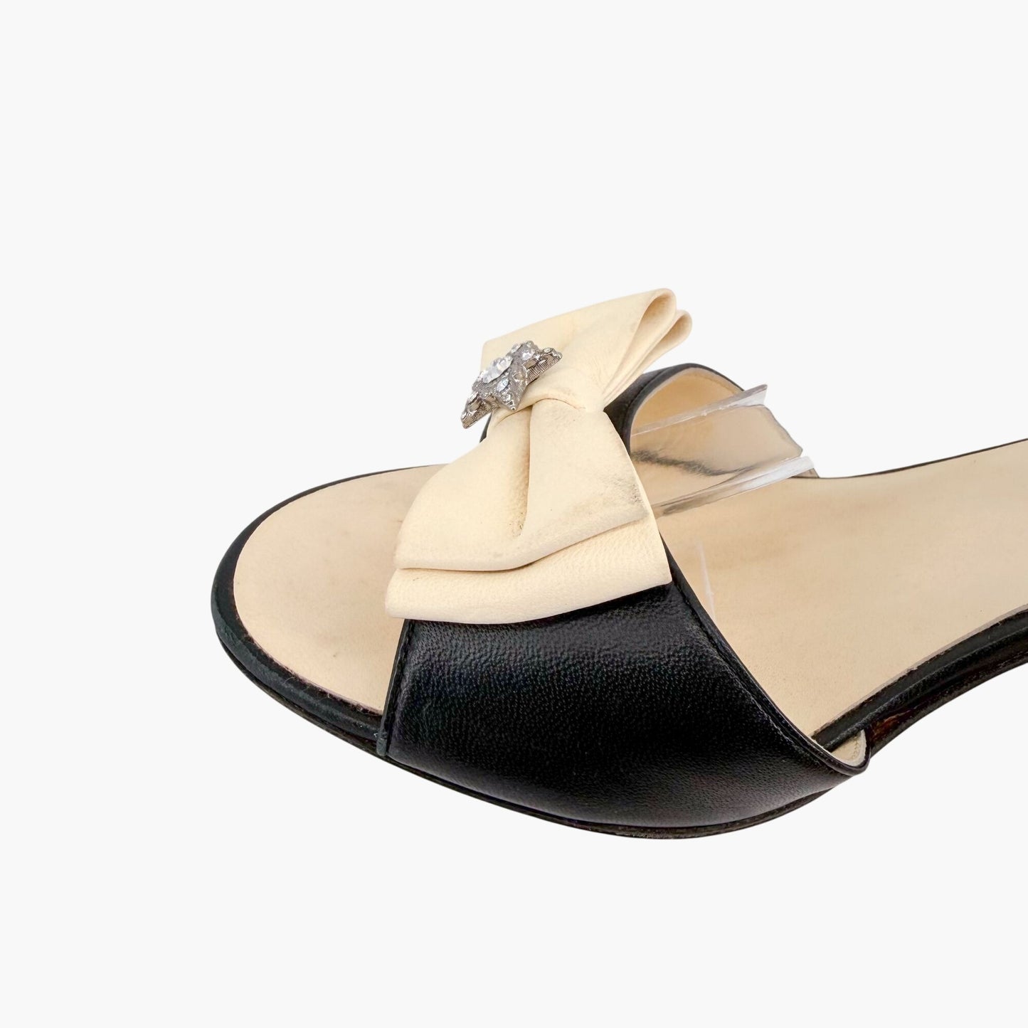 Chanel Crystal Star Bow Sandals Black Cream Size 37.5