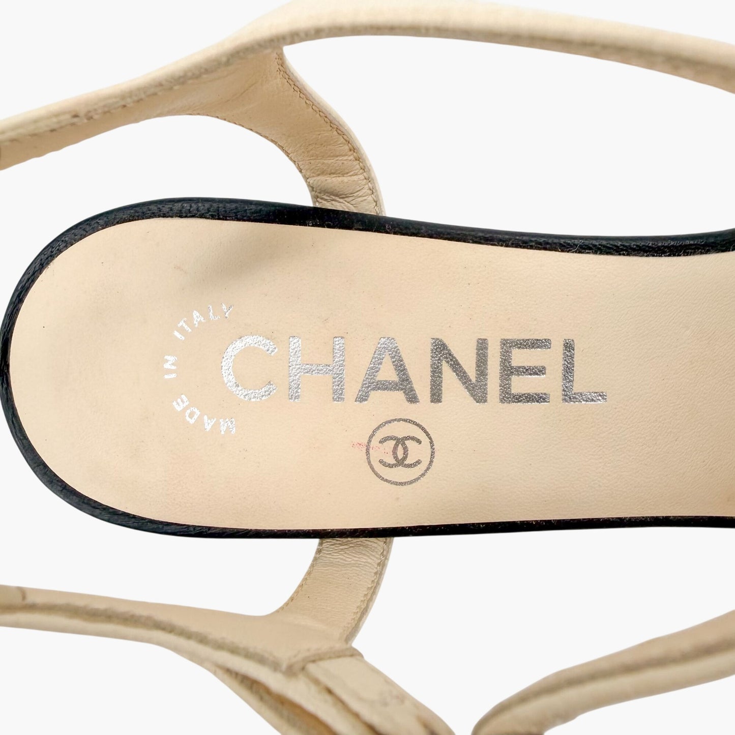Chanel Crystal Star Bow Sandals Black Cream Size 37.5