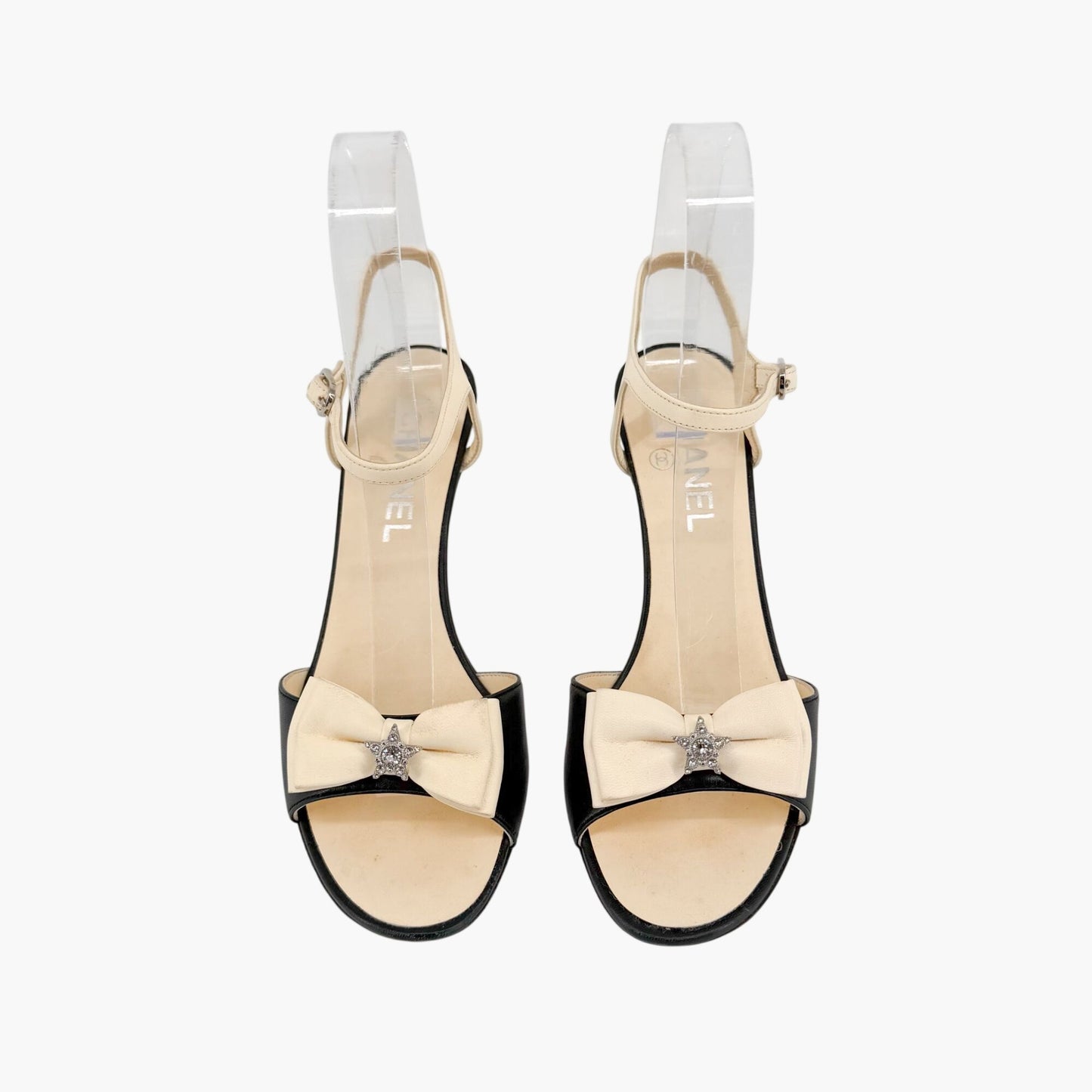 Chanel Crystal Star Bow Sandals Black Cream Size 37.5