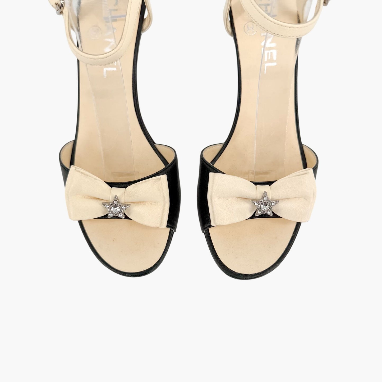 Chanel Crystal Star Bow Sandals Black Cream Size 37.5