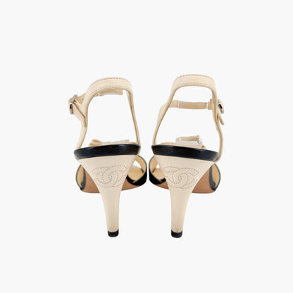 Chanel Crystal Star Bow Sandals Black Cream Size 37.5