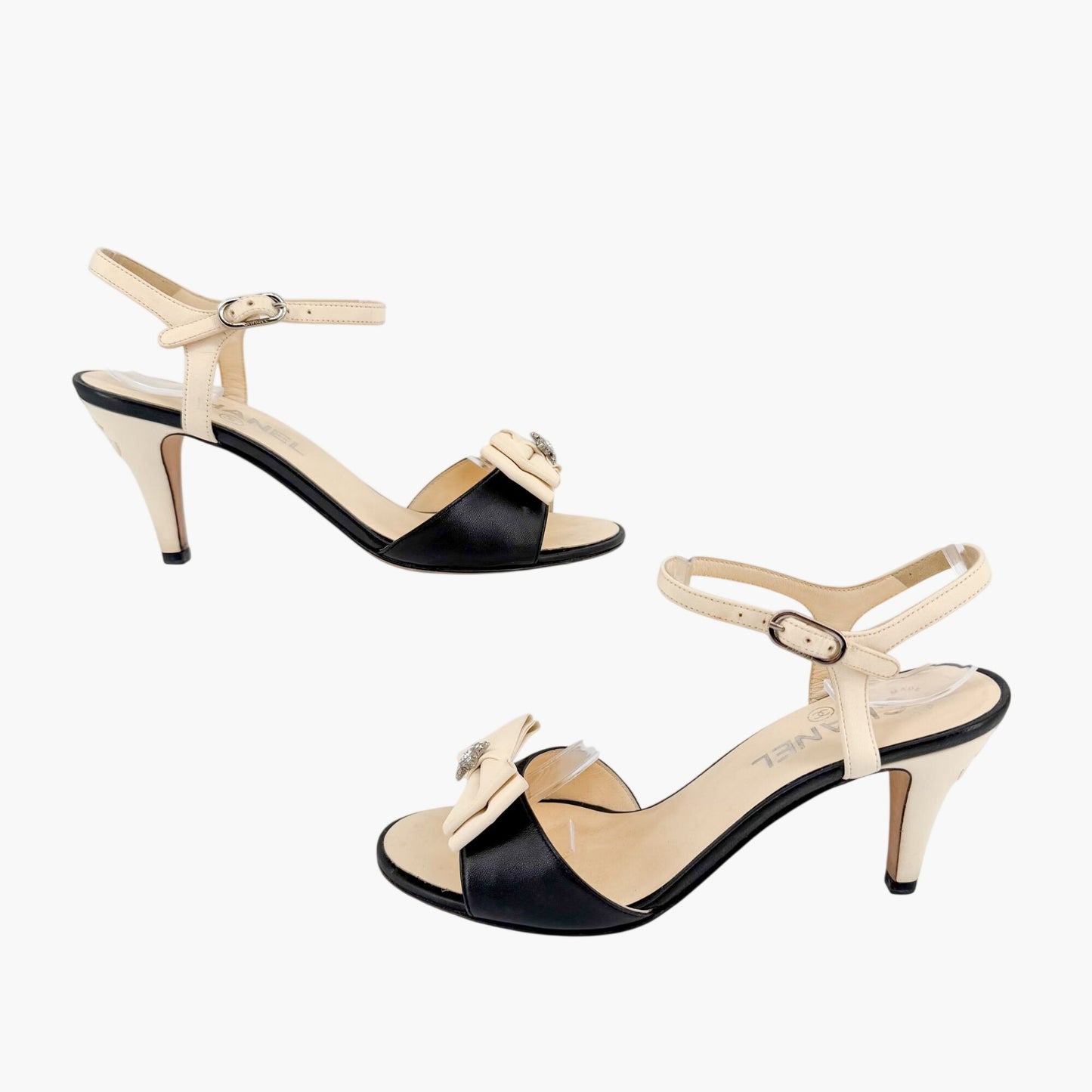 Chanel Crystal Star Bow Sandals Black Cream Size 37.5