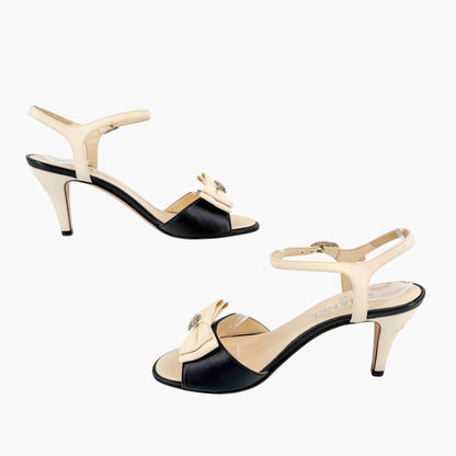 Chanel Crystal Star Bow Sandals Black Cream Size 37.5