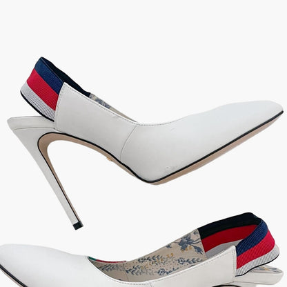 Gucci Sylvie Glitter Web Stripe Pumps in White Size 39