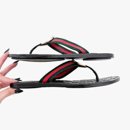 Gucci GG Web Stripe Thong Sandals in Black Size 37.5