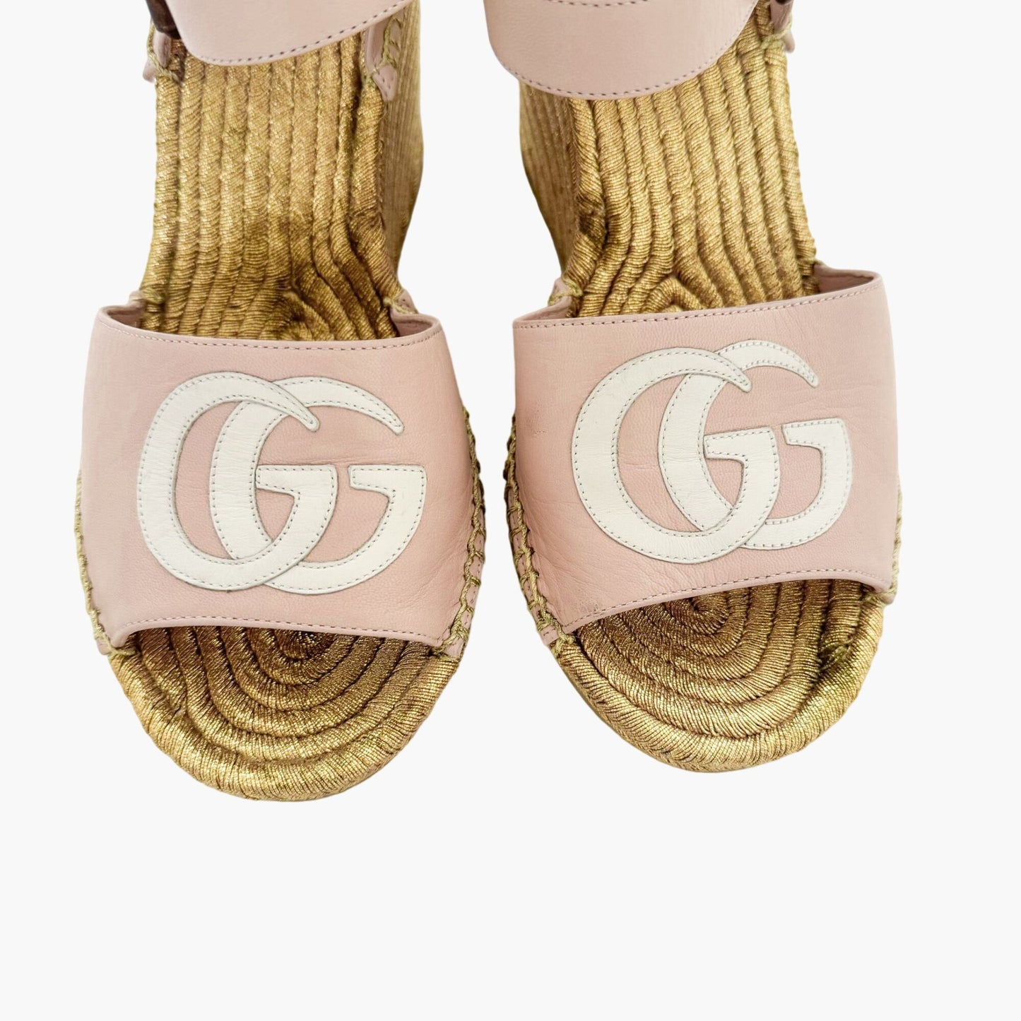 Gucci Flor GG Espadrille Wedge Sandals in Pink & Gold Leather Size 39.5