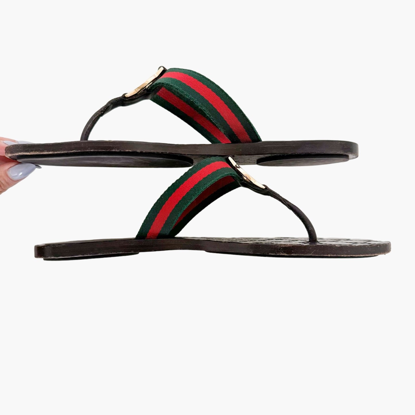 Gucci GG Web Stripe Thong Sandal in Brown Leather Size 39