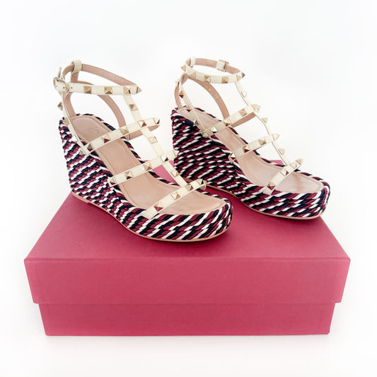 Valentino Garavani Torchon Rockstud Wedge Sandals in Red, Navy & White Size 38