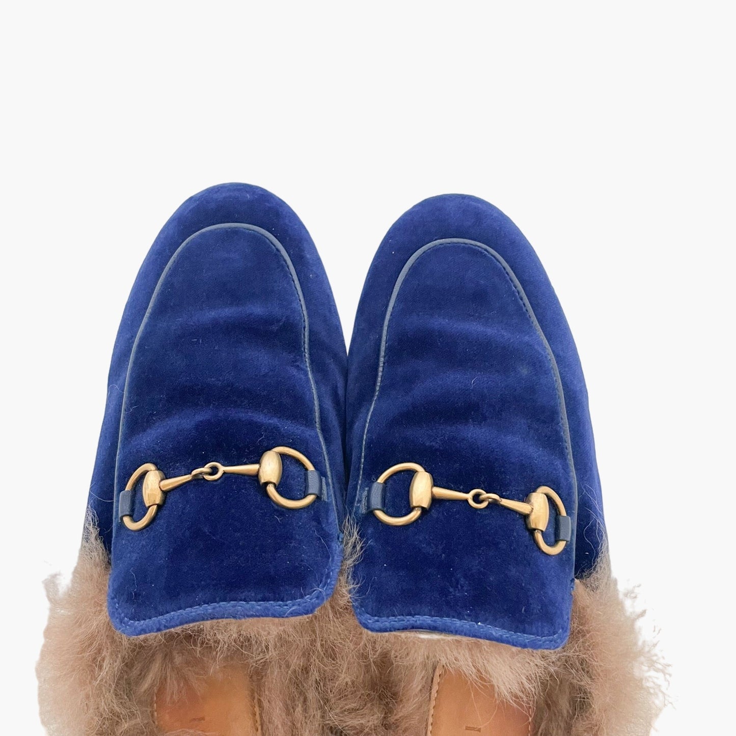 Gucci Princetown Fur-Lined Horsebit Slippers in Blue Velvet Size 37