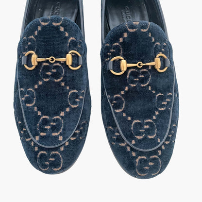 Gucci Jordaan Horsebit Loafer in Navy Blue GG Velvet Size 37.5